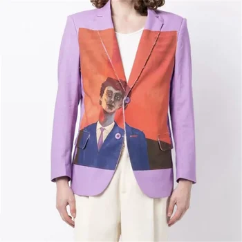 Женское пальто 2023, Осенняя Корейская мода, Ручная роспись, однобортный костюм с принтом, пиджак из хлопка и льна, костюм с длинными рукавами
