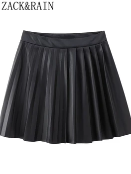 ЗАК РЕЙН, женские мини-юбки в черную складку, Осень 2023, Винтажные женские юбки из искусственной кожи с высокой талией, Женские шикарные низы