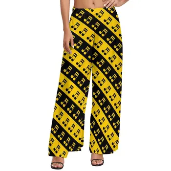 Музыкальные ноты Брюки Черные и желтые повседневные широкие брюки женские большие размеры уличная мода графические прямые брюки