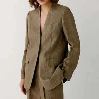 Льняной костюм в елочку без воротника, Новинка осени 2023, простой однотонный темно-зеленый костюм, куртка для женщин, Высокое качество, Бесплатная доставка