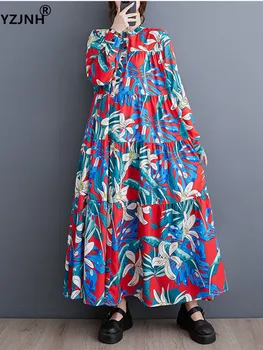 YZJNH 2023, Корейское осеннее Новое платье, Свободное Повседневное Модное Длинное платье с длинным рукавом и принтом Большого размера