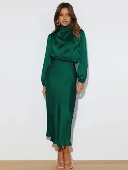 Осень 2023, Новое Атласное Свободное Платье С Длинными рукавами, Элегантное Вечернее Женское Платье Оптом