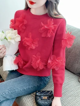 Осень 2023, Новый Красный Пуловер с объемным цветком, Женский свитер с длинным рукавом и цветочным топом, Нишевый Сладкий Вязаный Пуловер