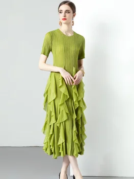 Модные плиссированные платья Миди в стиле пэчворк с оборками для женщин, лето 2023, вечерние повседневные платья с коротким рукавом, праздничный халат, зеленый