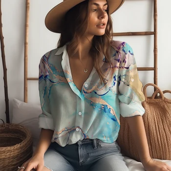 Женская рубашка для пляжного отдыха Весной и осенью, классическая рубашка с длинными рукавами и пуговицами, модная рубашка с отложным воротником с 3D-принтом