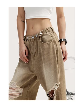 Рваные джинсы женские 2023 модные прямые, свободные, тонкие, с низкой талией, широкие брюки в стиле ретро, выстиранные старомодные брюки