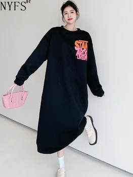 2023 Осеннее Новое Корейское Женское платье Vestidos Robe Elbise, Свободные Длинные платья большого размера черного цвета с длинным рукавом и буквенным принтом