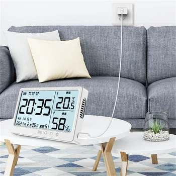 Термометр Гигрометр с календарем Будильник Автоматический электронный монитор температуры и влажности Часы Большой ЖК-экран USB Зарядка