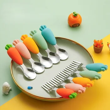 Вилка-ложка для кормления ребенка из нержавеющей стали с силиконовой короткой ручкой, набор вилок-ложек-морковок для детей, посуда для малышей, Мультяшная посуда