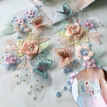 Высококачественные 3D аппликации из ткани с жемчужными цветами и бабочками, кружева ручной работы, вышитые блестками, Пришивные нашивки Для украшения одежды