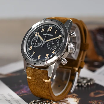 Мужские кварцевые часы San Martin Classic Retro Pilot VK64 с хронографом, Двунаправленный безель, деловые винтажные Водонепроницаемые светящиеся часы