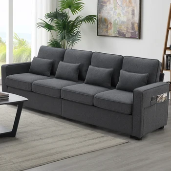 104-дюймовый 4-местный современный диван из льняной ткани с карманами в подлокотниках и 4 подушками, диван в минималистском стиле для гостиной, квартиры,