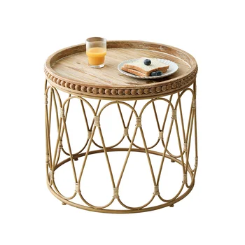 Износостойкий Круглый чайный столик из ротанга, Плетеный дизайн, Прочная современная мебель из бревенчатого дерева в скандинавском стиле, Маленький размер