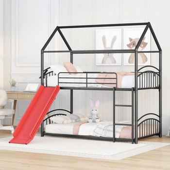 Черная + красная металлическая двухъярусная кровать Twin Over Twin с горкой, детская кровать для дома, легко монтируется для мебели для спальни в помещении