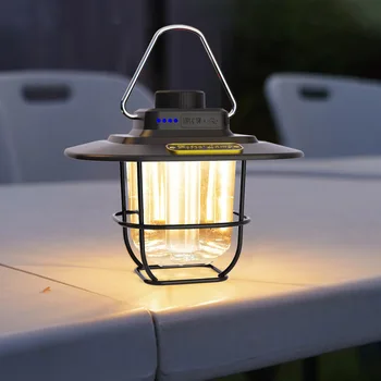 Светодиодная лампа для украшения сада, зарядка Type-c, Ретро-подсветка для кемпинга, индикатор заряда батареи с крючком с регулируемой яркостью для наружного оборудования