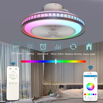 Потолочный вентилятор со светодиодной подсветкой, приложение без лезвий, пульт дистанционного управления, потолочный светильник RGB с Bluetooth-динамиком, бесшумная люстра с регулируемой яркостью
