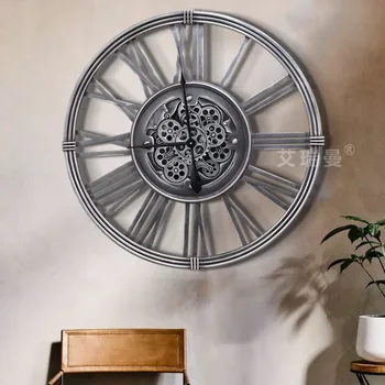 Винтажные настенные часы с металлической шестеренкой, круглые простые креативные кварцевые часы, бесшумные для гостиной, подарок для украшения