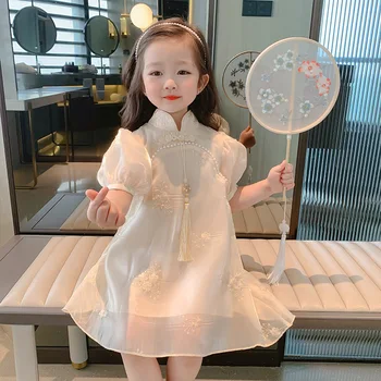 Детская одежда 2023 Летние новинки для девочек в китайском стиле, белое Улучшенное платье принцессы Ципао для вечеринки Чонсам