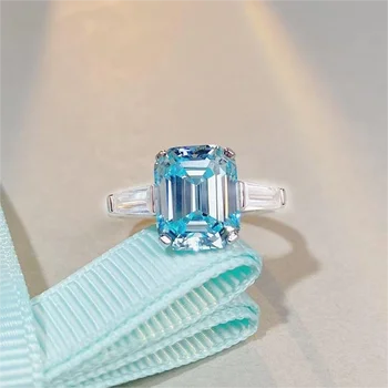Модный Роскошный Цветной Циркон Solitaire изумрудной огранки Темно-синего цвета ZC Ring Кольца из циркона высокого качества, размер 5, Женское серебряное кольцо