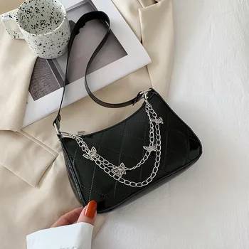 Женская сумка Half Moon через плечо, сумка-мессенджер из искусственной кожи, новая тенденция, винтажная цепочка с бабочкой, однотонная сумочка на молнии, сумка подмышками