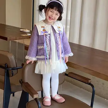2023 Корейский стильный комплект одежды для маленьких девочек, детская куртка принцессы с вышивкой фиолетового кролика + бежевое платье, детская модная одежда