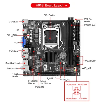 Комплект материнской платы H61 SATA2.0 LGA1155 Материнская плата компьютера M.2 Материнская плата NVME VGA Память DDR3 16 ГБ оперативной памяти ITX H61S WIFI Интерфейс M.2