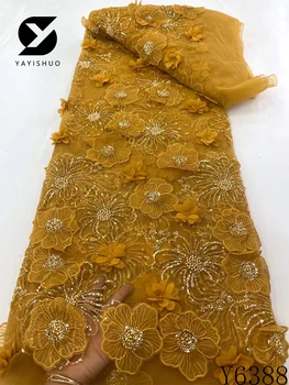 Африканская 3D Кружевная ткань с Бисером, Расшитая Французскими Нигерийскими пайетками, Свадебная, Высокое качество, 5 Ярдов, 2023, Y6388