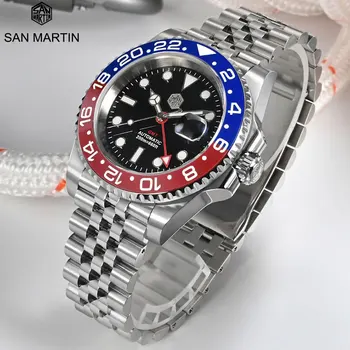 Мужские автоматические механические часы San Martin GMT Юбилейный браслет, Двунаправленный Керамический безель, Сапфировые Водонепроницаемые часы для дайверов на 20 бар