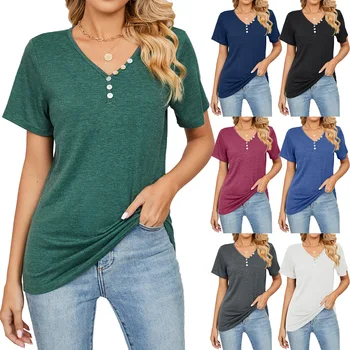 Женская рубашка, летняя новинка, однотонные топы с короткими рукавами и V-образным вырезом на пуговицах, женская футболка
