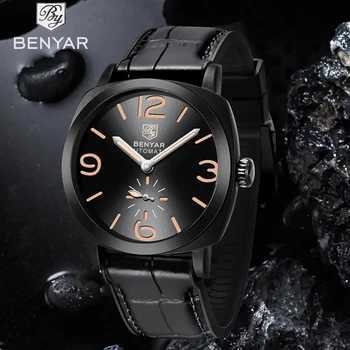 Benyar Мужские Автоматические Механические часы Простые Модные Высокопрочные Сапфировые 200-метровые Водонепроницаемые Кожаные часы Reloj hombre