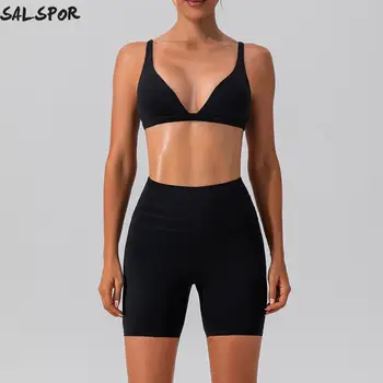Женский костюм для йоги SALSPOR, чувствующий себя обнаженным, Быстросохнущий комплект для фитнеса, спортивный бюстгальтер с глубоким V-образным вырезом и велосипедные шорты, повседневная спортивная одежда