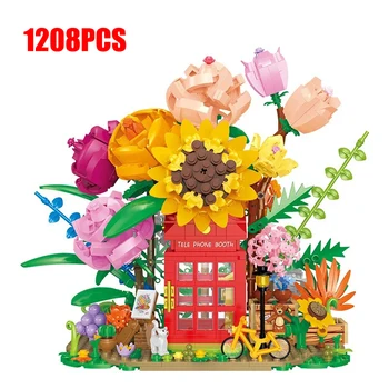 Мини-строительный блок с букетом цветов Moc Romantic Rose Flower Bricks, модель телефонной будки, украшение дома, игрушка для подружки ребенка