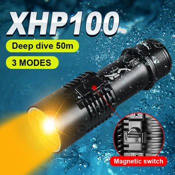 XHP100 Мощный фонарик для дайвинга Перезаряжаемый 18650 Светодиодный Желтый фонарь высокой мощности Водонепроницаемый Подводный фонарь IPX8 для дайвинга