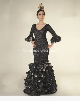 Черные вечерние платья русалки в стиле ретро с оборками по низу, платье для фламенко для женщин, вечерние платья для выпускного вечера, Vestido de