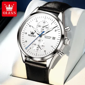 Многофункциональные кварцевые часы OLEVS, роскошный кожаный ремешок, мужские часы с хронографом, спортивные водонепроницаемые светящиеся мужские наручные часы