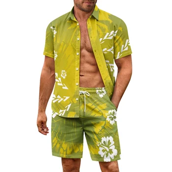 Полинезийская летняя рубашка с коротким рукавом, Шорты с регулируемой завязкой на талии, Гавайский комплект для отдыха с винтажным рисунком по индивидуальному заказу