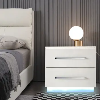 Современная тумбочка, Глянцевая Прикроватная тумбочка с 2 ящиками, Шкаф для хранения Мебели для спальни, Дистанционное изменение цвета светодиодной подсветки