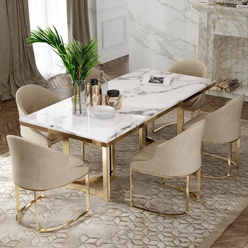 Современные роскошные Обеденные столы и стулья из мрамора с золотой основой из нержавеющей стали, Кухонный обеденный стол, шезлонги для стульев