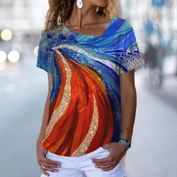 Модная женская футболка с художественным 3D принтом, топы, футболки, повседневная одежда с косым воротником, летний женский пуловер Оверсайз