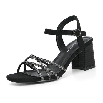 Летние женские босоножки большого размера на высоком блочном каблуке, современные сандалии для вечеринок, роскошные плетеные сандалии на узких ремешках со стразами