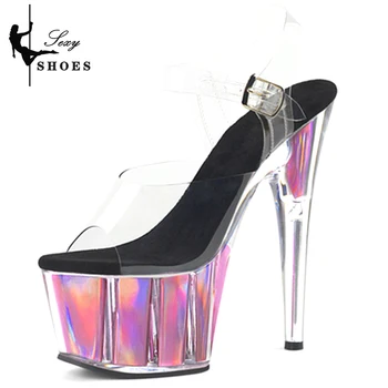 Обувь для стриптиза Розовые женские босоножки на платформе, Босоножки на хрустальном каблуке 15 см, разноцветные блестки, туфли на шпильке для танцев на шесте с открытым носком