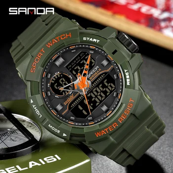 Спортивные часы SANDA 50-метровые водонепроницаемые мужские военные часы Многофункциональный хронограф С двойным дисплеем, светящиеся светодиодные Reloj Hombre