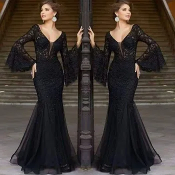 Весеннее черное сексуальное платье с V-образным вырезом, расклешенное, с длинным рукавом, приталенное, элегантное вечернее платье в стиле 