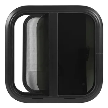 600x600mm RV Округлое Раздвижное окно из черного алюминиевого сплава, устойчивое к ультрафиолетовому излучению, Съемная сетка от насекомых для фургона-кемпера RV