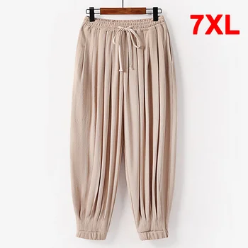 Большие размеры 7XL, мужские модные повседневные однотонные льняные брюки, Летние Свободные брюки с эластичной резинкой на талии