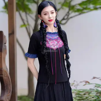 2023 китайский винтажный этнический топ с традиционной цветочной вышивкой, блузка с коротким рукавом, улучшенная блузка hanfu, элегантный повседневный костюм эпохи тан