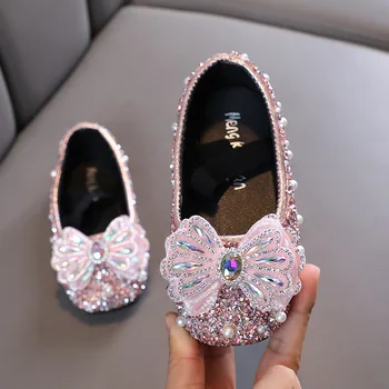 2023 Осенние новые туфли принцессы для маленьких девочек; Модные блестки с бантом; Детская кожаная обувь для танцев; Обувь для выступлений;