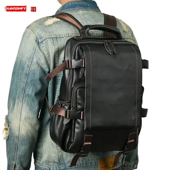 Мягкий Черный кожаный мужской рюкзак, деловая повседневная сумка для компьютера, модные дорожные рюкзаки, брендовый студенческий школьный ранец большой емкости