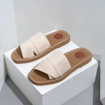 Лето 2023, новые модные парусиновые сандалии на плоской подошве и тапочки, дизайнерская женская обувь, пляжные женские тапочки на плоской подошве, повседневные сандалии