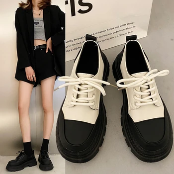 Новинка 2023 года, черно-белый контрастный однотонный ботинок Matsuke на толстой подошве в стиле колледжа, повседневная обувь на шнуровке с приподнятым верхом